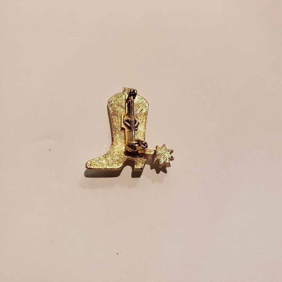 Matte Gold Tone Rhinestone Western Cowboy Boot Spur Brooch Pin - Picture 3 of 3